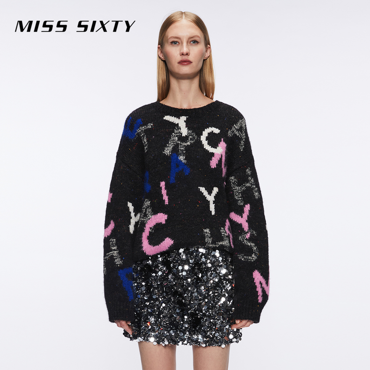 Miss Sixty冬季新款针织衫女撞色字母彩点慵懒百搭花式纱毛衣