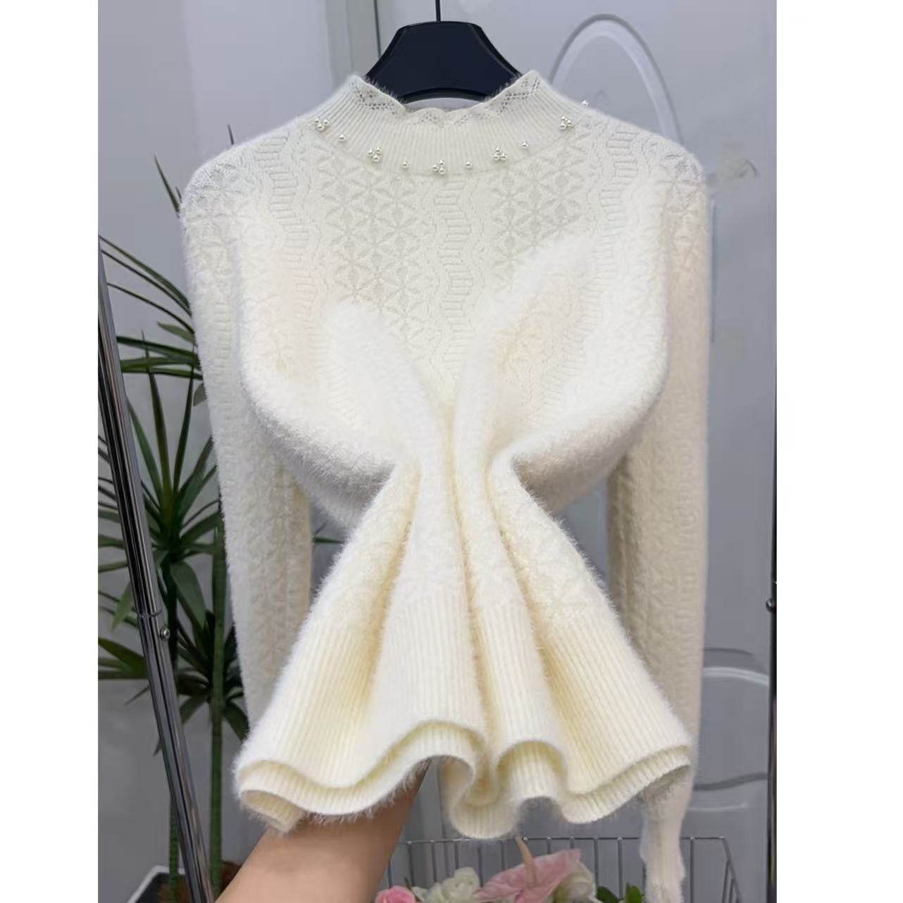 【不起球】貂绒秋冬半高领蕾丝打底保暖时尚百搭长袖针织毛衣YX617