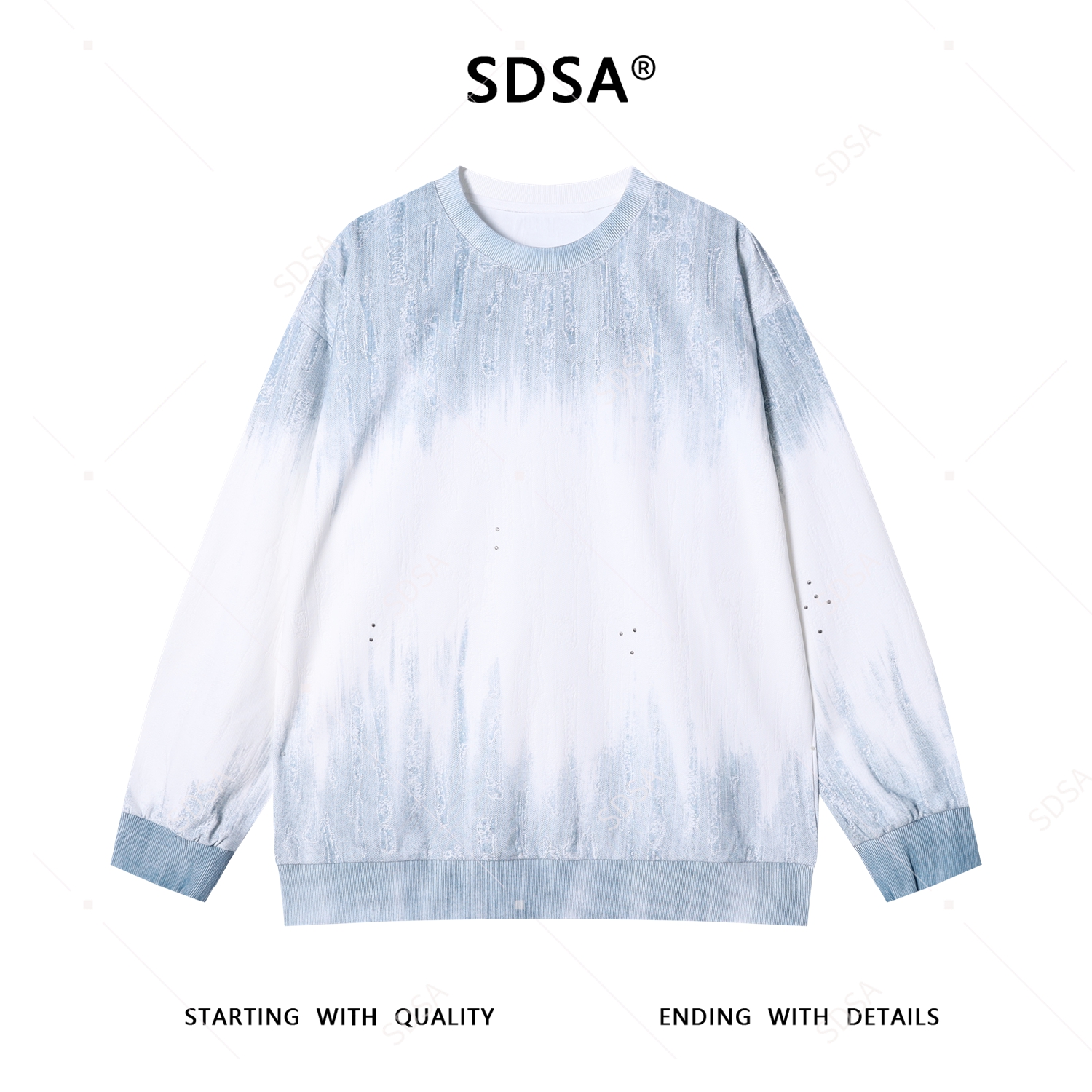 SDSA男士秋冬新款痞帅男装韩版渐变磨破圆领卫衣时尚休闲套头上衣