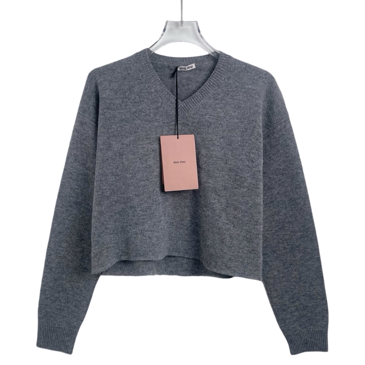 全新未使用 MIU MIU/缪缪 001025 经典logo小V领毛衣灰色 40码
