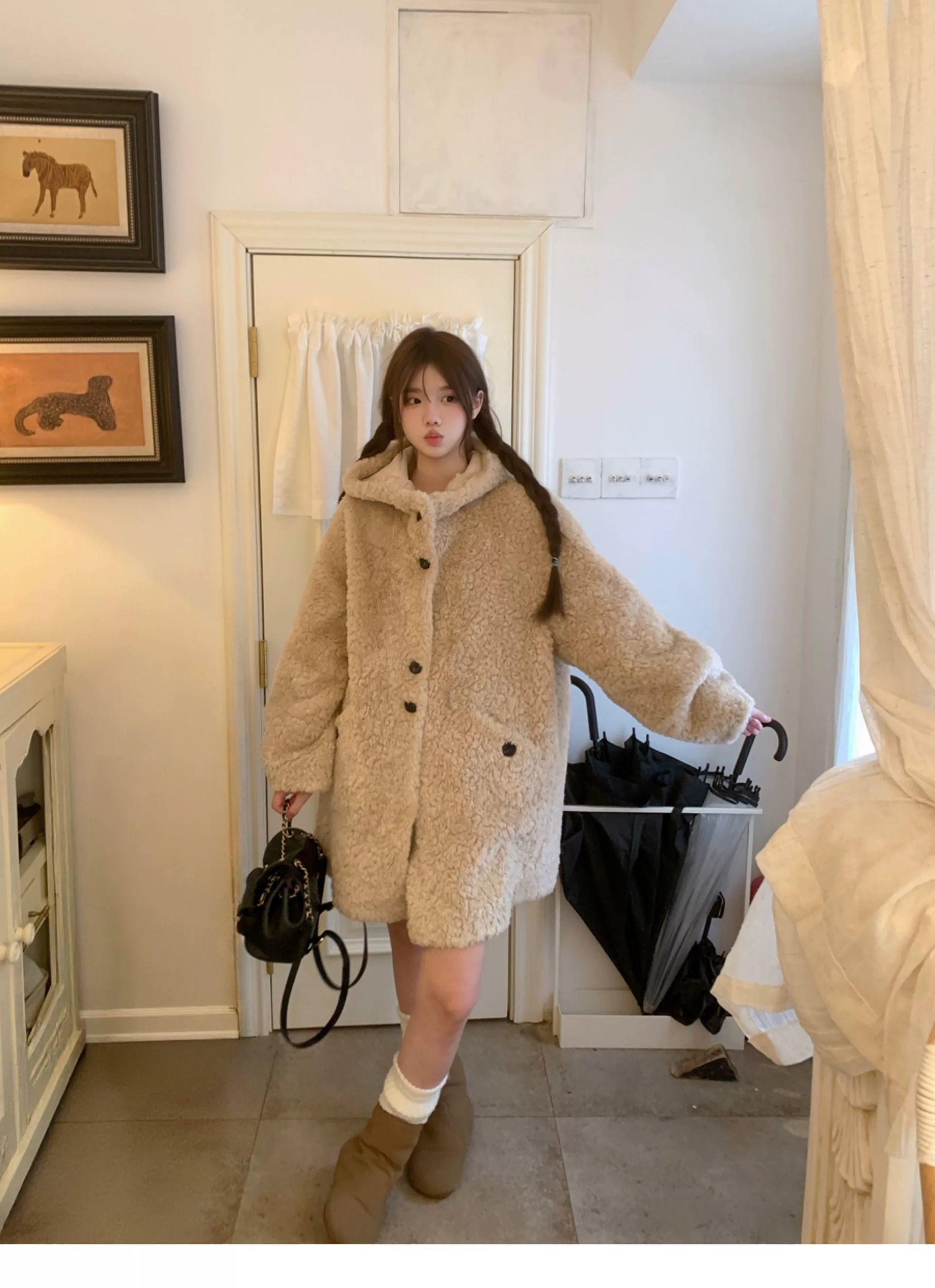 富人区环保仿羊羔毛皮毛一体女秋冬加厚中长款连帽毛毛外套女