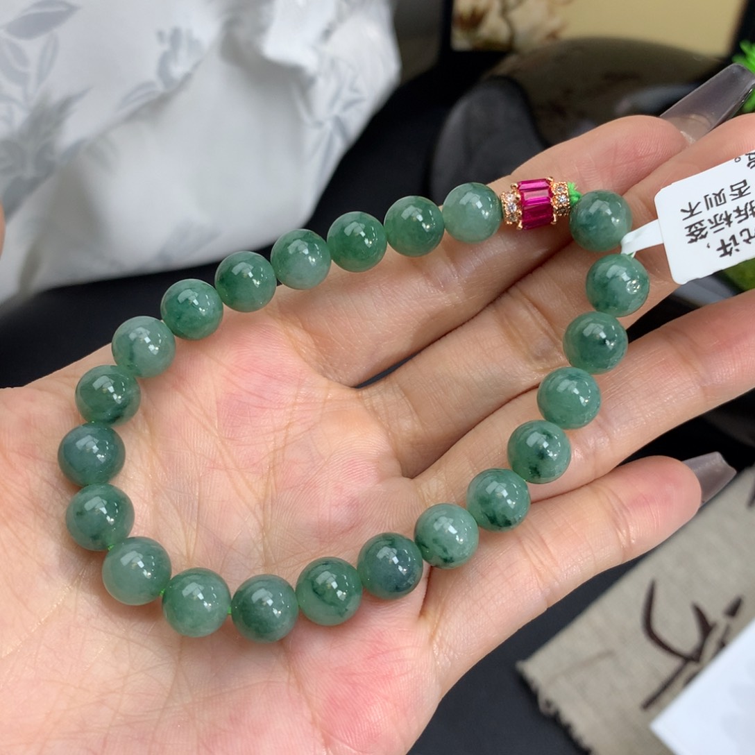 翡翠手链未镶嵌卡8绿飘花手串