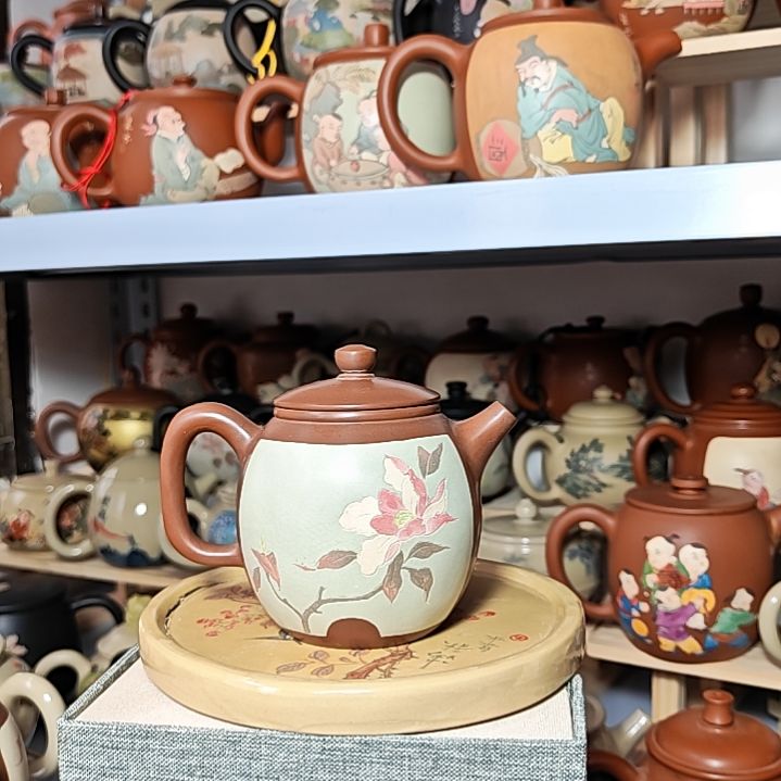 建水紫陶多道彩填茶壶
