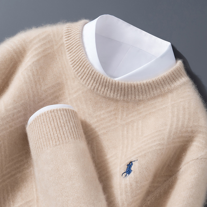 高定版~秋冬新款100羊绒衫圆领刺绣马厚款宽松休闲商务针织打