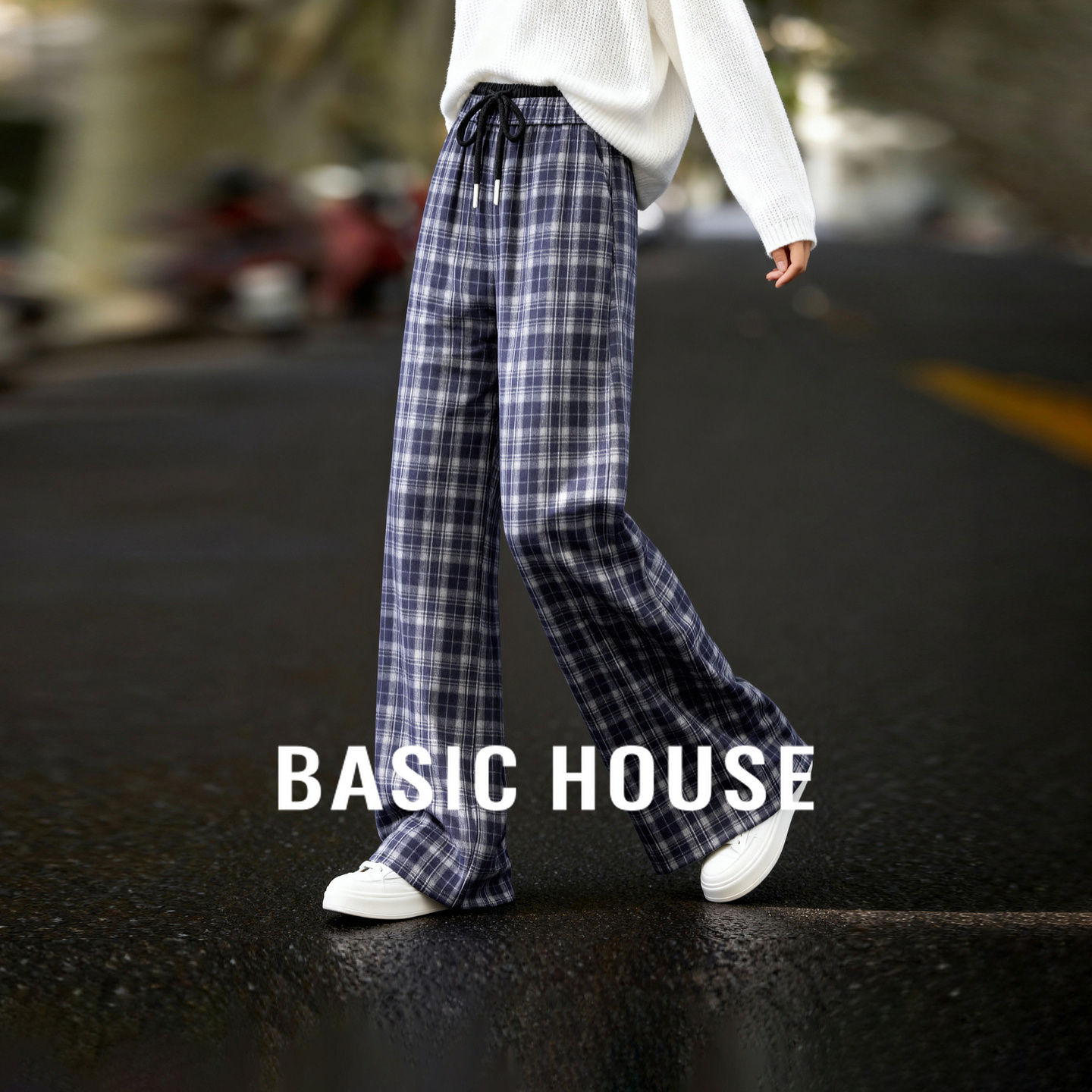 Basic House/百家好秋季简约抽绳设计感格纹休闲裤-B0625B5LTB2