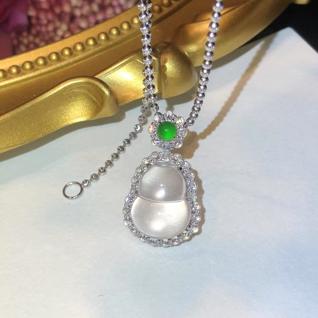 s925银镶嵌石英质玉葫芦吊坠女士款招财转运镂空设计挂坠送礼物 