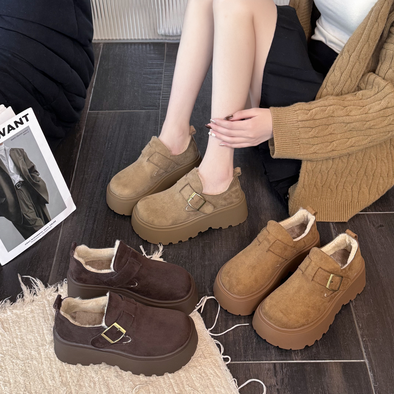 单鞋一脚蹬厚底增高复古秋冬百搭休闲勃肯加绒单鞋