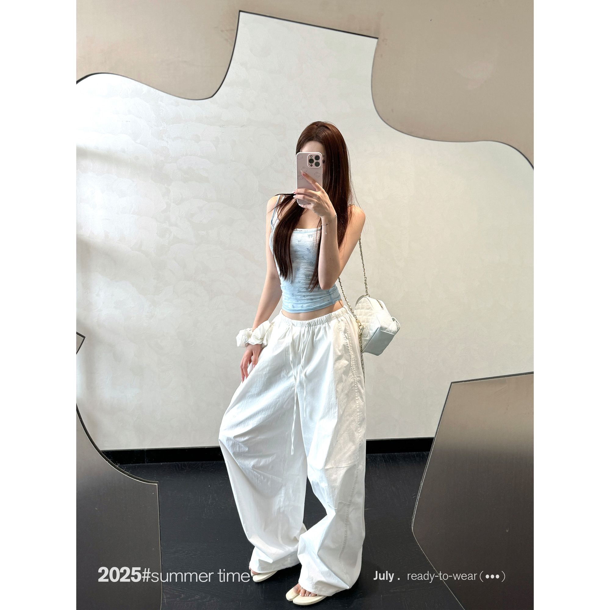 SUNONEONE 慵懒松紧腰宽松休闲裤女夏季白色直筒薄款工装裤D0231K