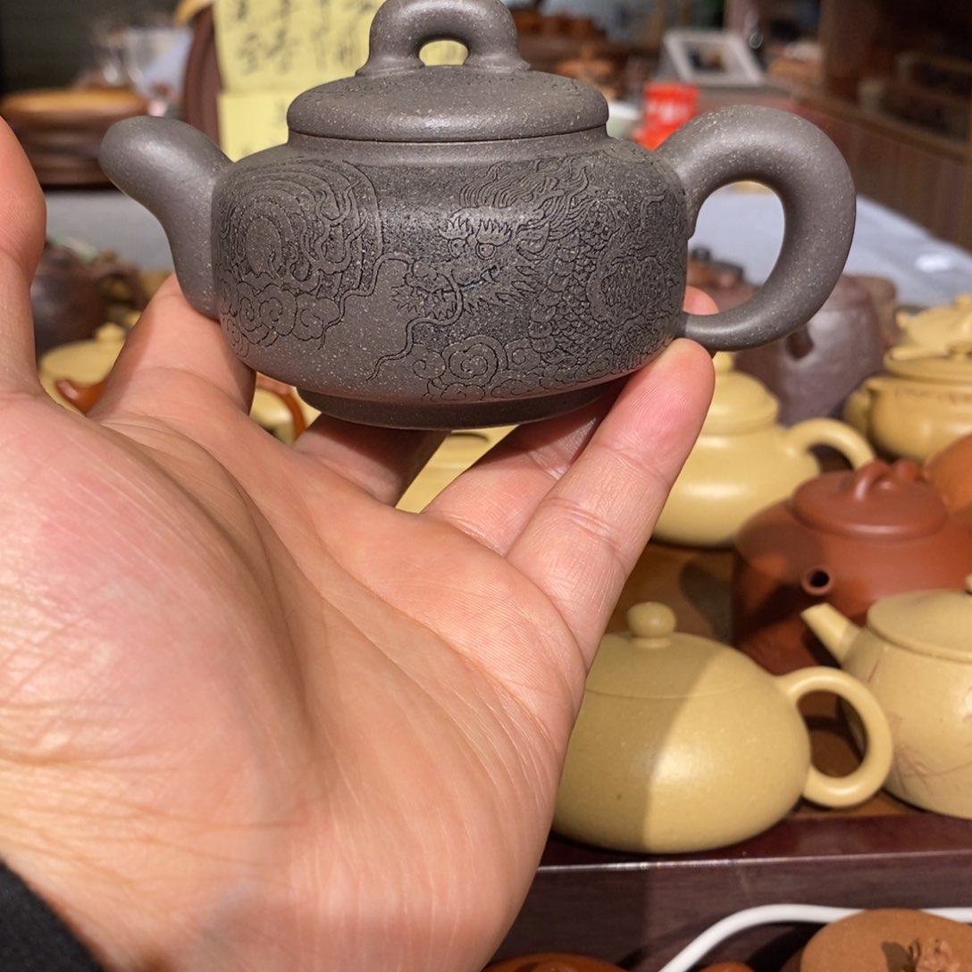紫砂茶壶原矿天青刻龙160cc