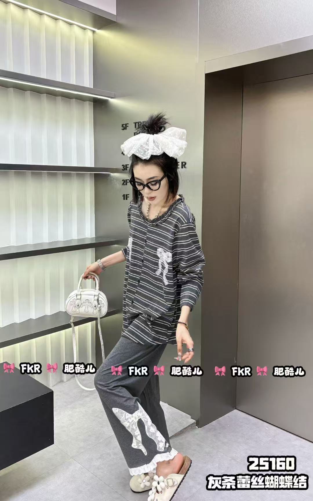 秋季新款女士大码纯棉蝴蝶结长袖长裤睡衣家居服套装25160