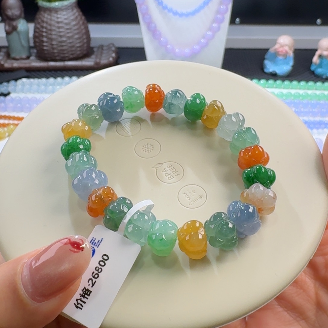 翡翠手链未镶嵌新款正冰浓彩莲花多宝单圈10mm