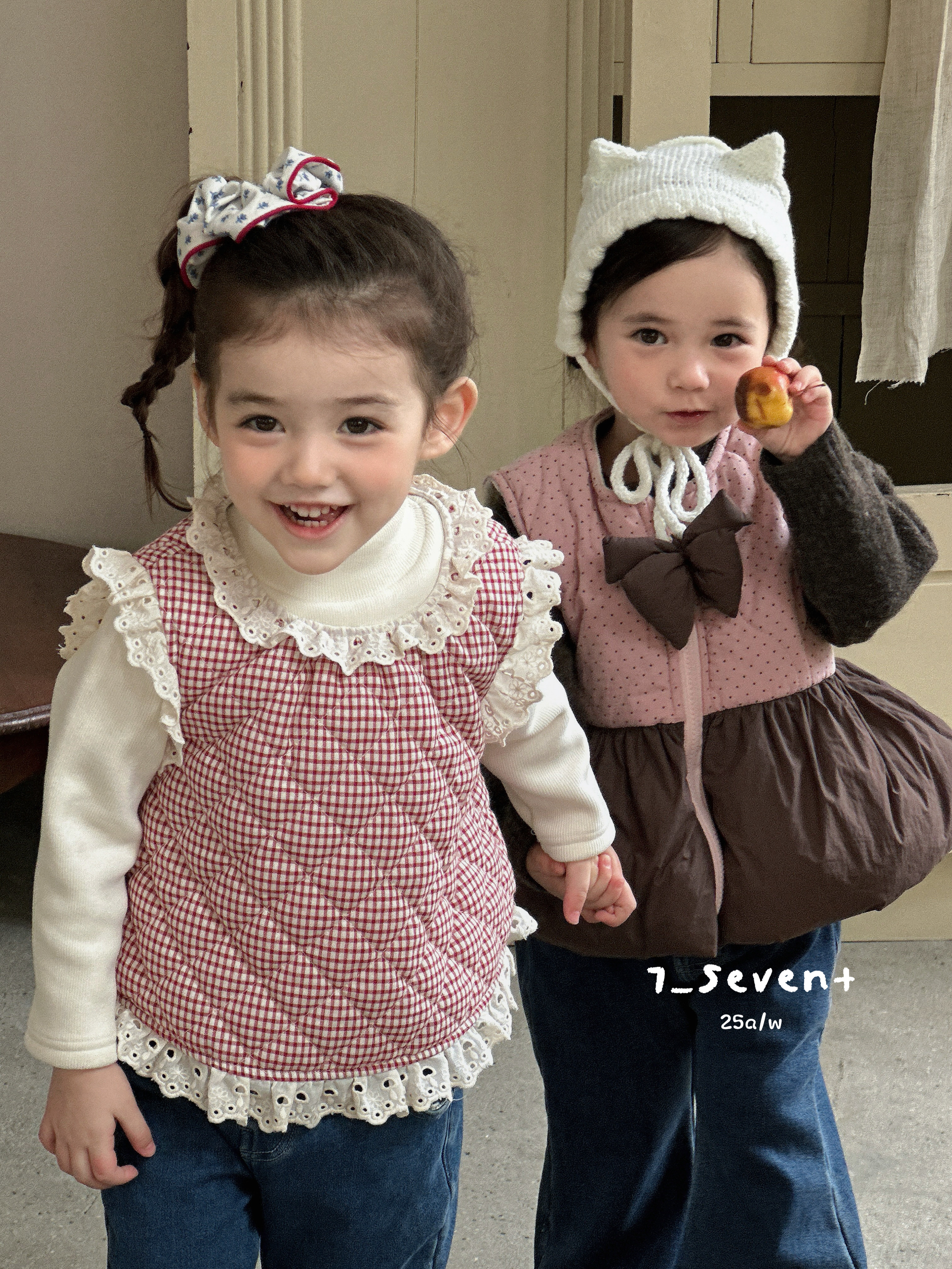 7seven正品现货25秋冬女童格子马甲加绒打底衫两件套洋气半高领
