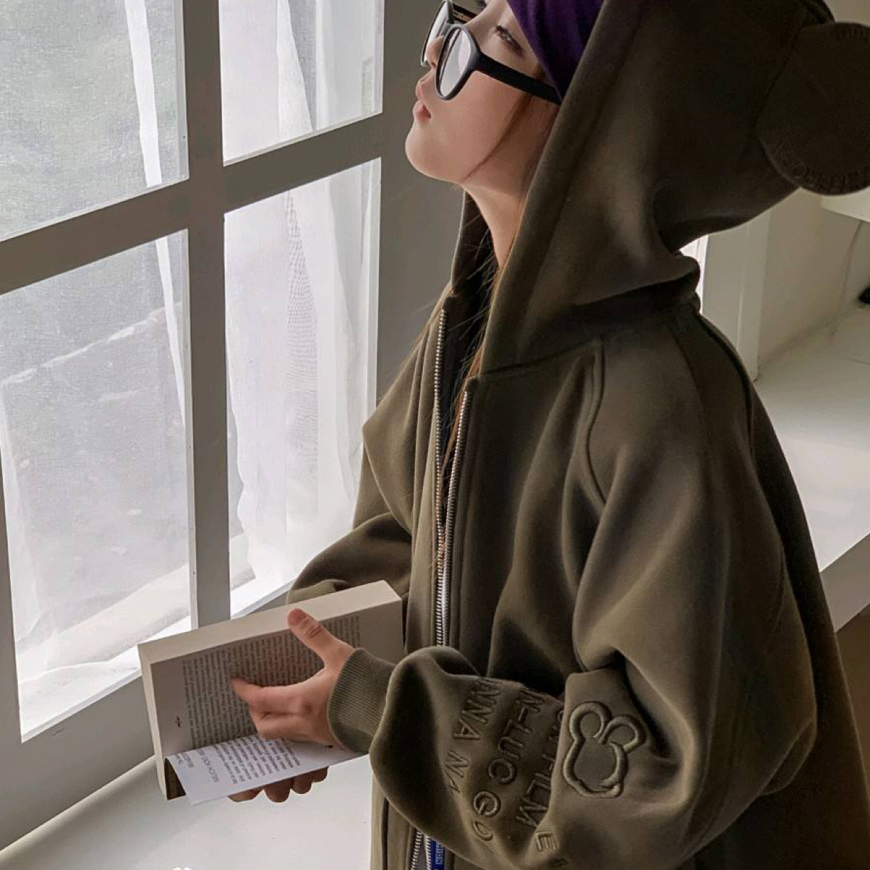 暖家 5294款B5童装墨绿色熊耳帽外套