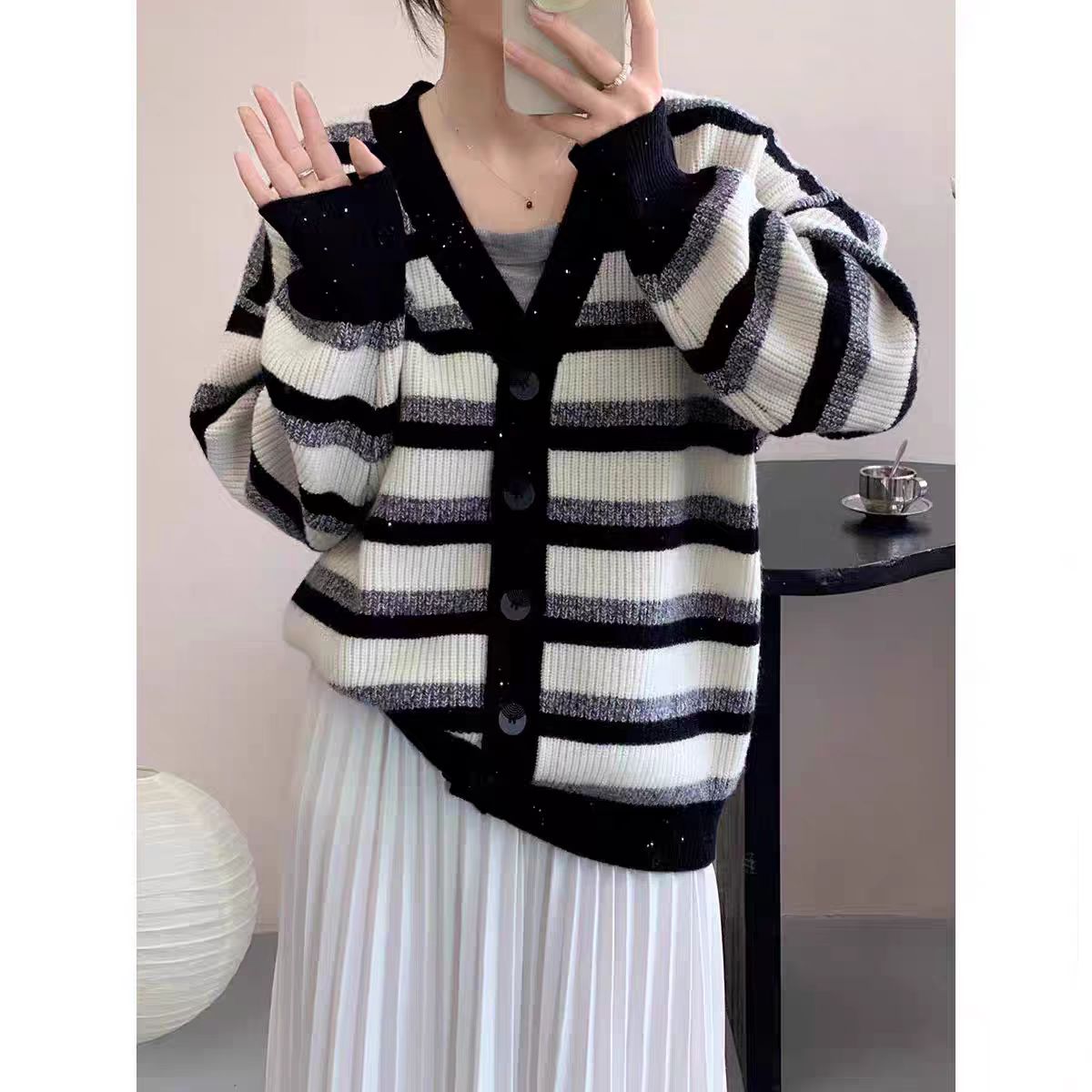 薇莎005【现货】韩版撞色条纹拼接时尚亮片百搭针织开衫毛衣上衣