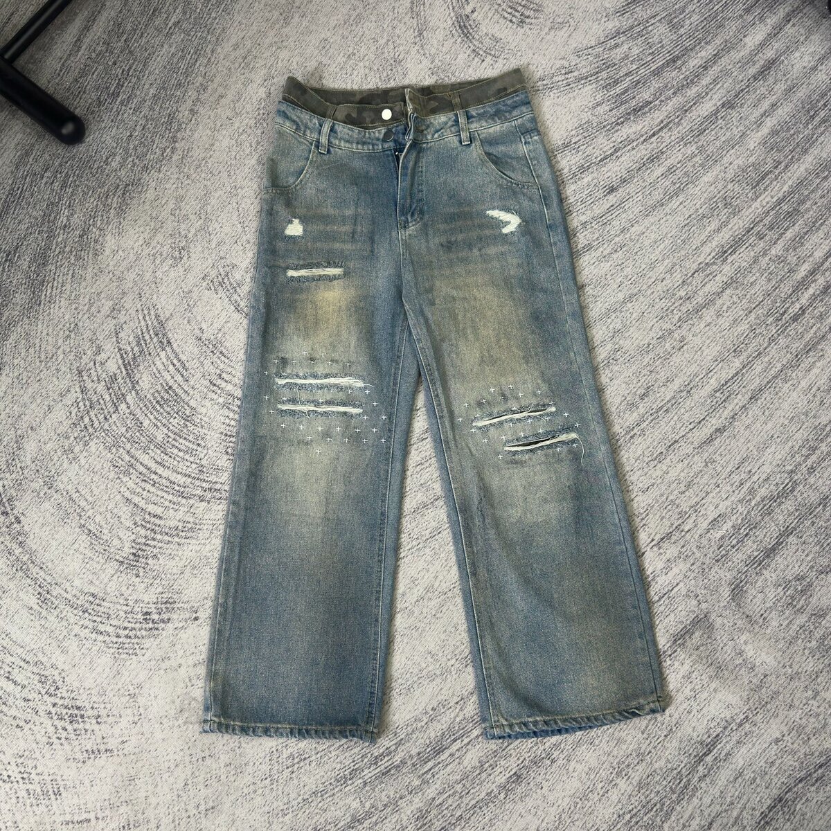 E09-BY美式街头脏染做旧破洞牛仔裤男女直筒宽松高街阔腿长裤子