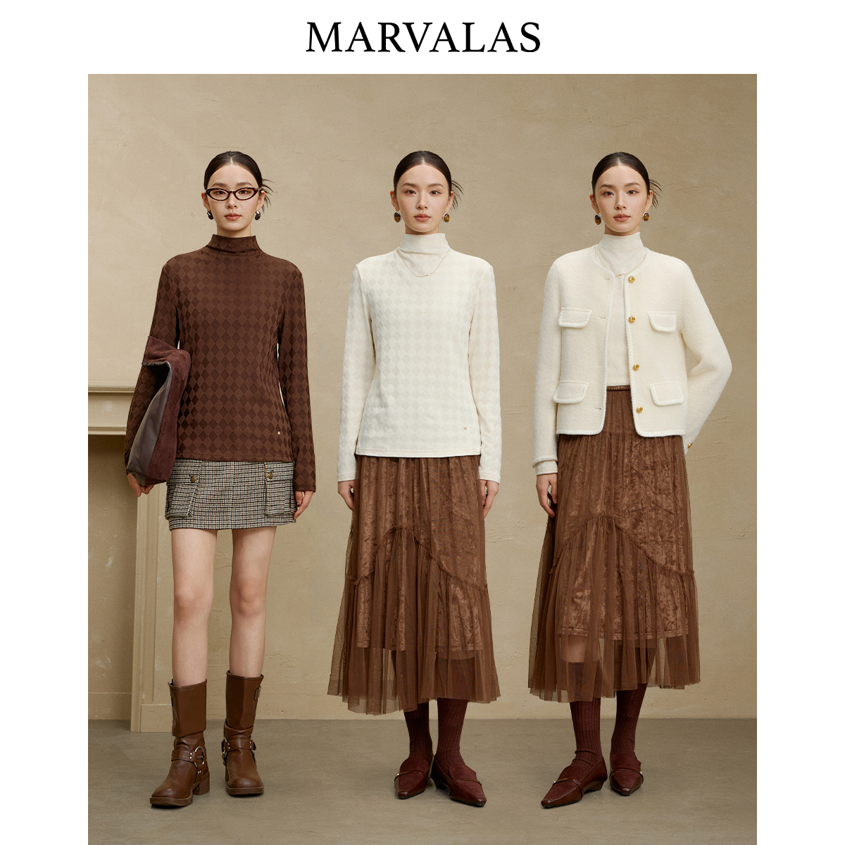 曼德诗菱格暗纹T恤冬季新款一体半高领打底衫弹力修身上衣女