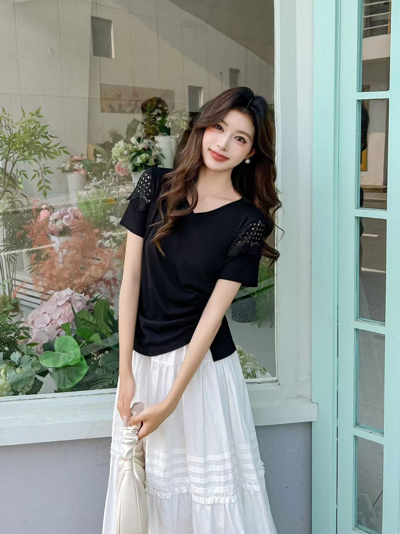 2505 夏季女士时尚蕾丝拼接T恤 F13