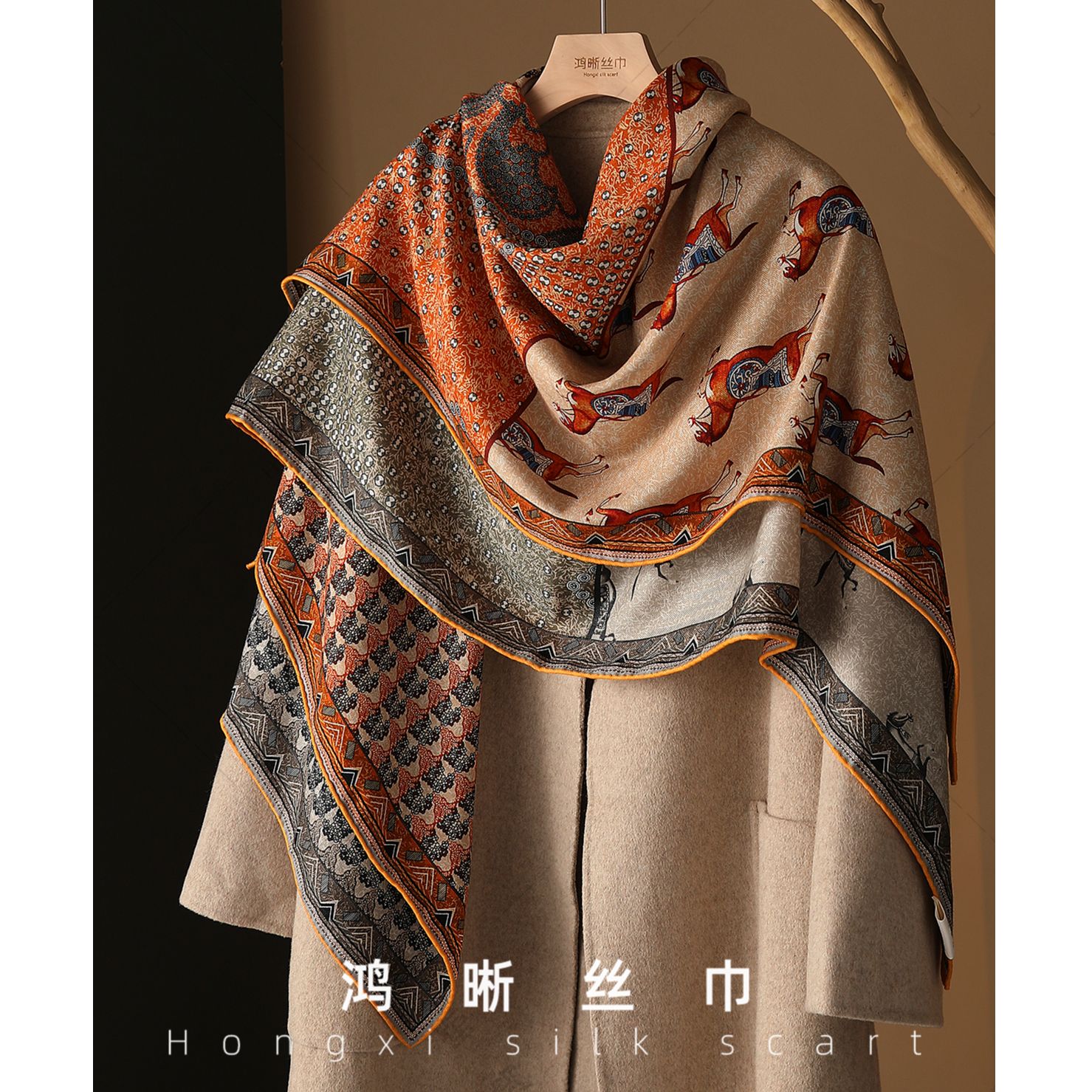 真丝羊毛双面轻奢万马奔腾130方巾手工卷边丝巾围巾披肩外搭H032