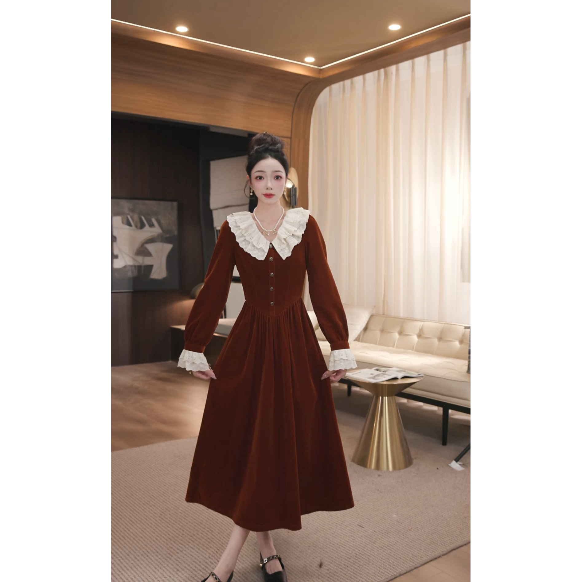 WWR 米粒-【明月江灯】秋冬新款高腰设计感收腰显瘦连衣裙女-B9119K