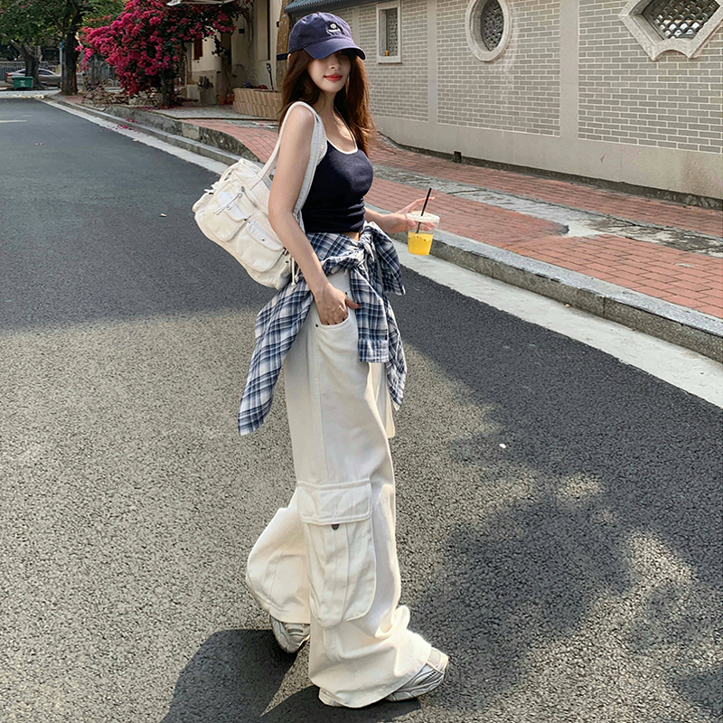 美式多口袋休闲工装裤白色软牛仔裤夏季直筒高腰休闲阔腿裤长裤