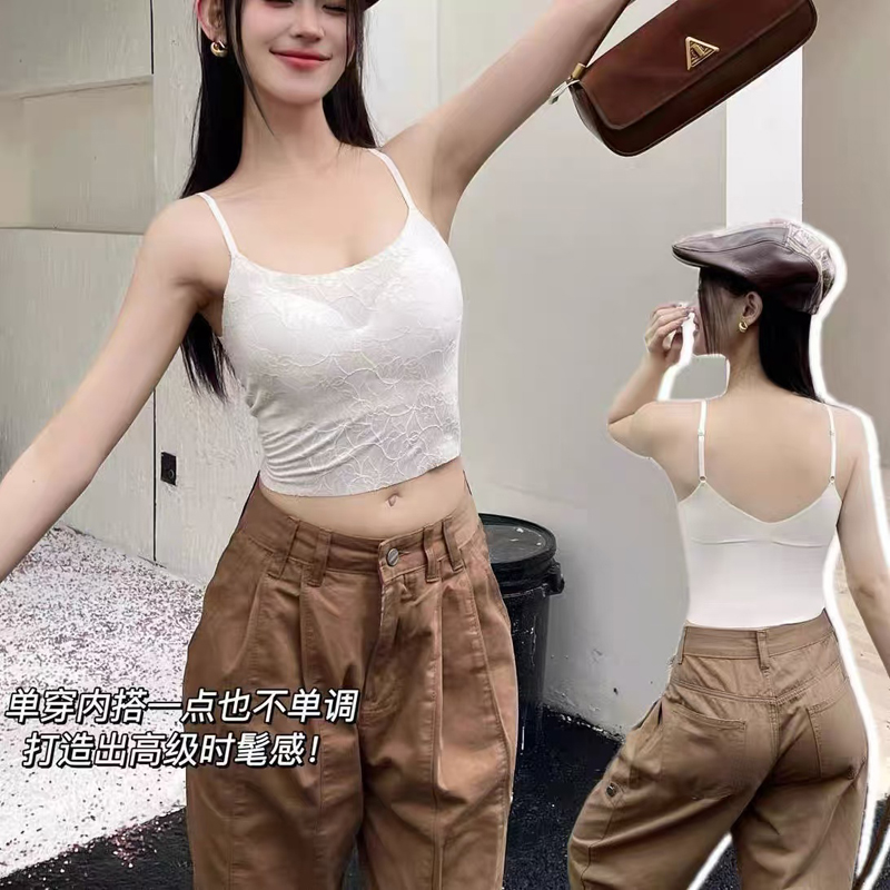 轻奢法式蕾丝花纹美背固定杯吊带一片式裹胸百搭背心吊带 012