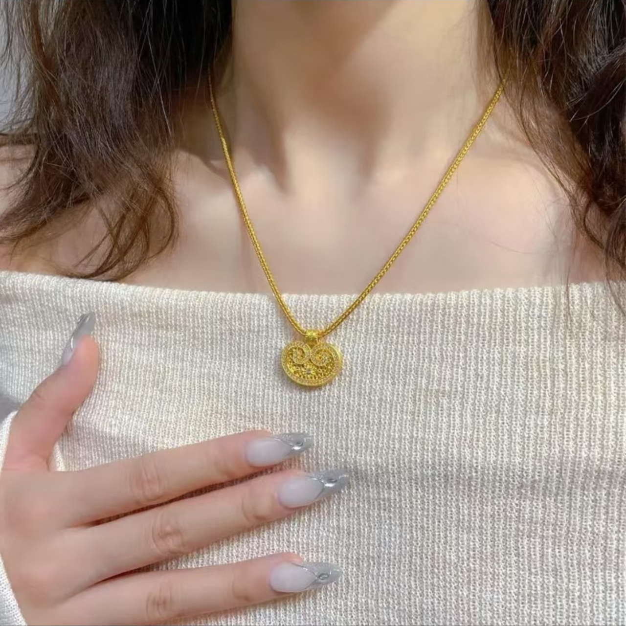 铜合金项链 新款古法吉祥平安锁项链吊坠点钻花丝如意锁包送女友