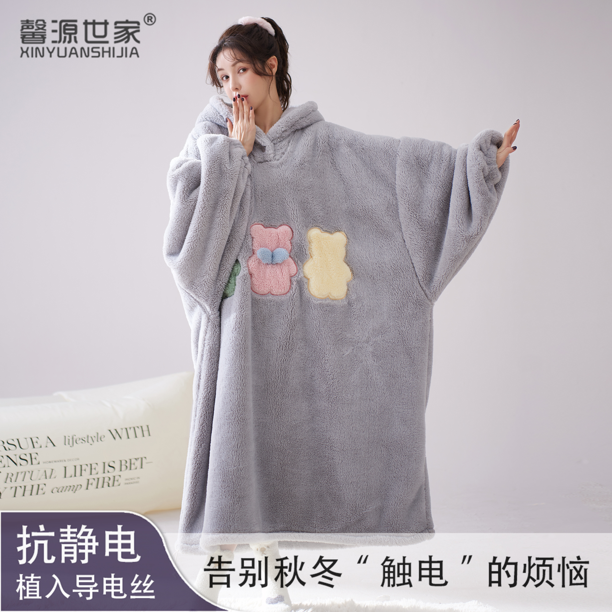 秋冬季外穿冬款加绒加厚连帽睡袍睡裙闺蜜情侣款保暖长款W106