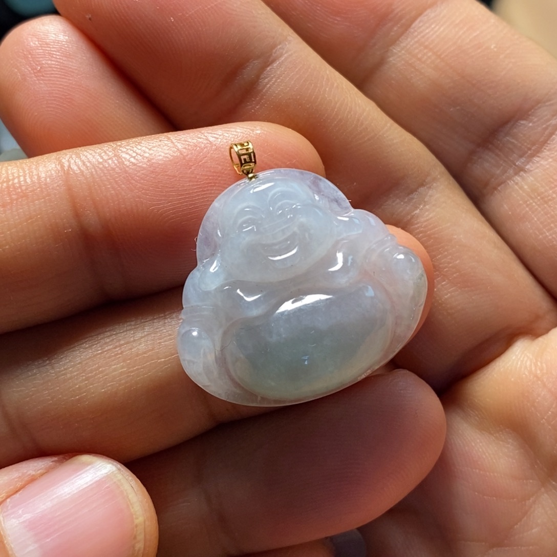 翡翠18K金镶嵌颈饰天然缅甸翡翠A货佛公微瑕