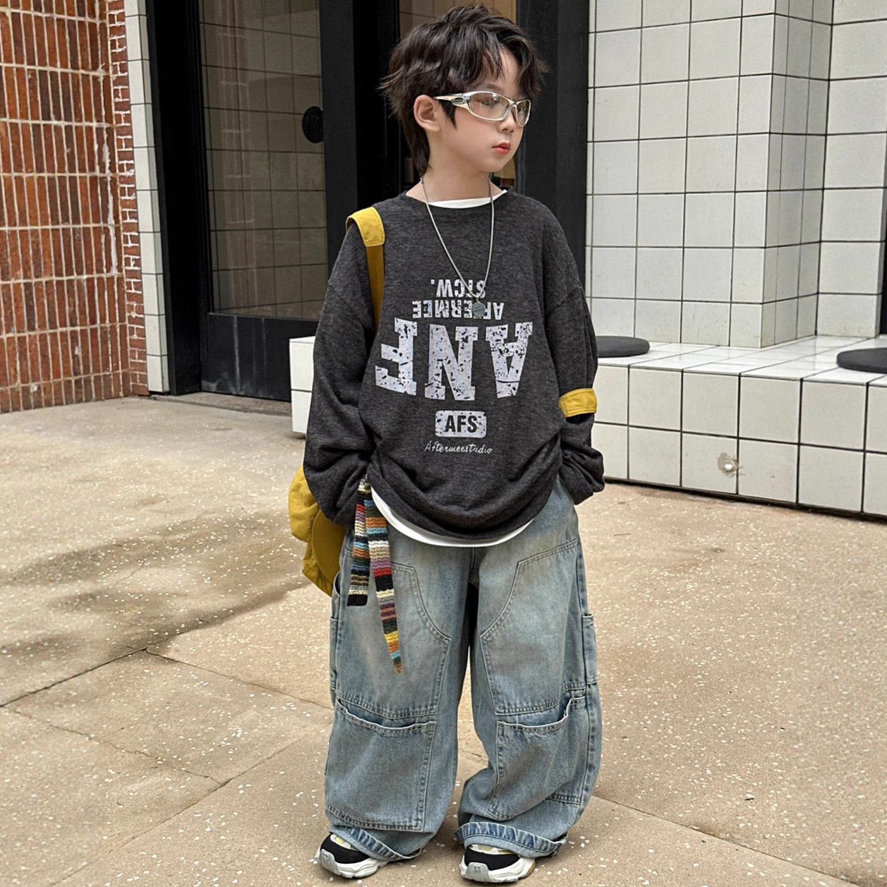 A.MU2025秋季新款印反字针织长袖T恤儿童弹力宽松打底衫男童洋气