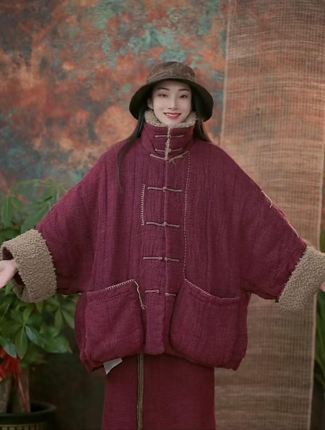 静一分享【觅棠】#241134 粗麻多手工盘扣立领短棉衣