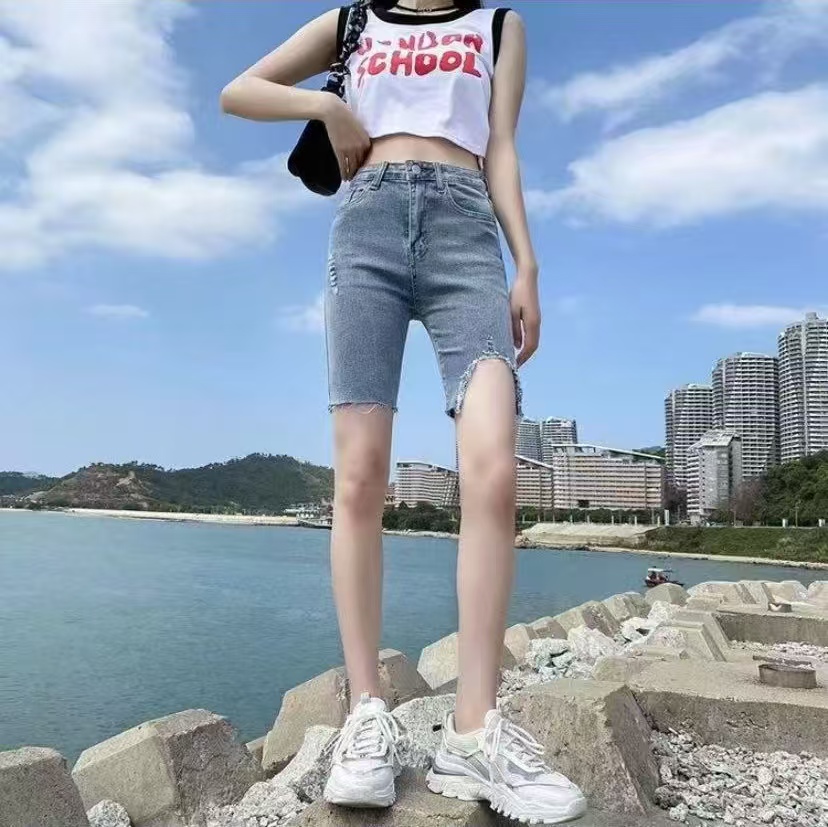 【6190】牛仔短裤女高腰显瘦修身夏季薄款弹力紧身小个子五分毛边