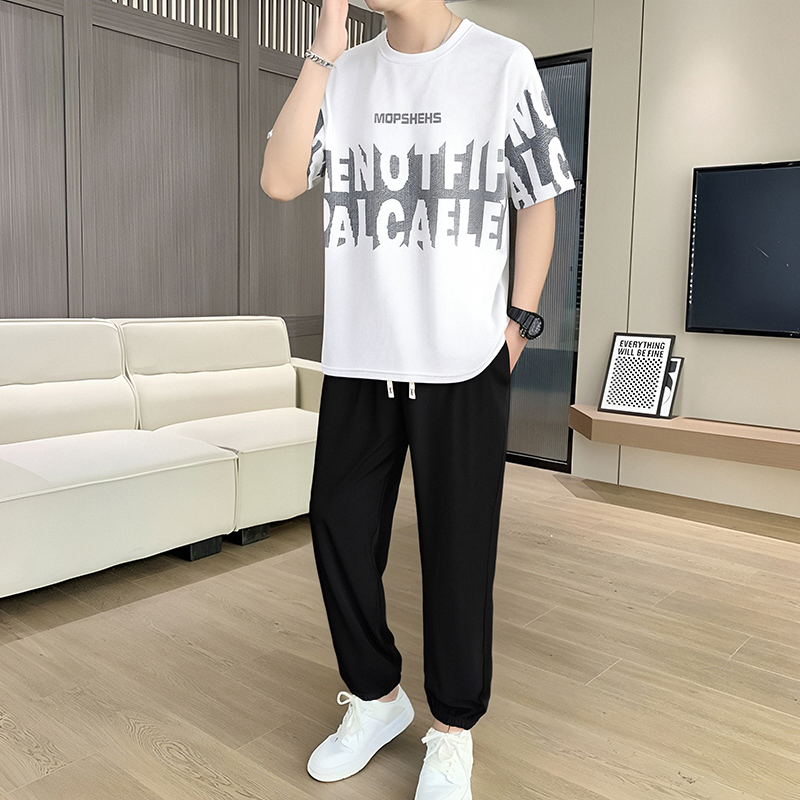 夏季短袖男款套装男生帅气T恤搭配长裤青少年衣服潮流时尚两件套