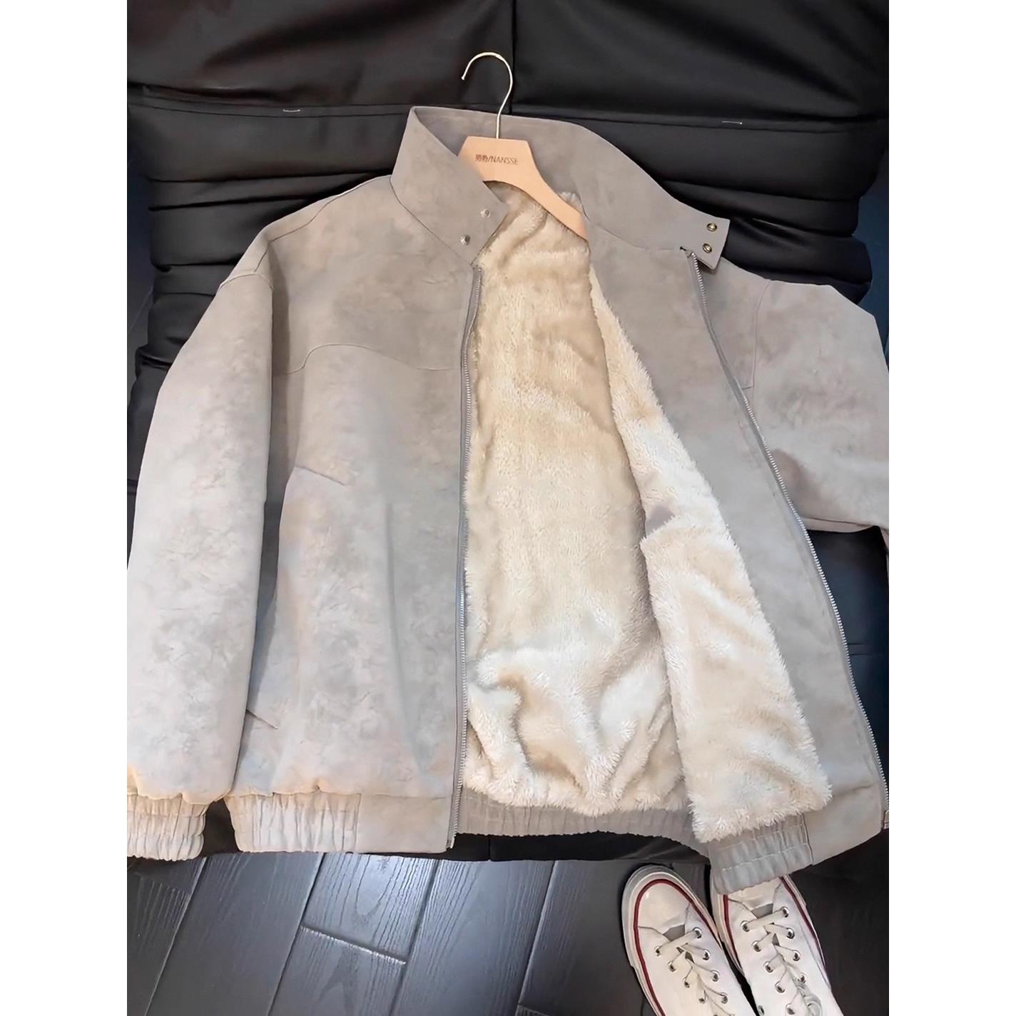 灰色扎染皮衣夹克棉服男款冬季boxy立领机车服羊羔绒加厚保暖外套