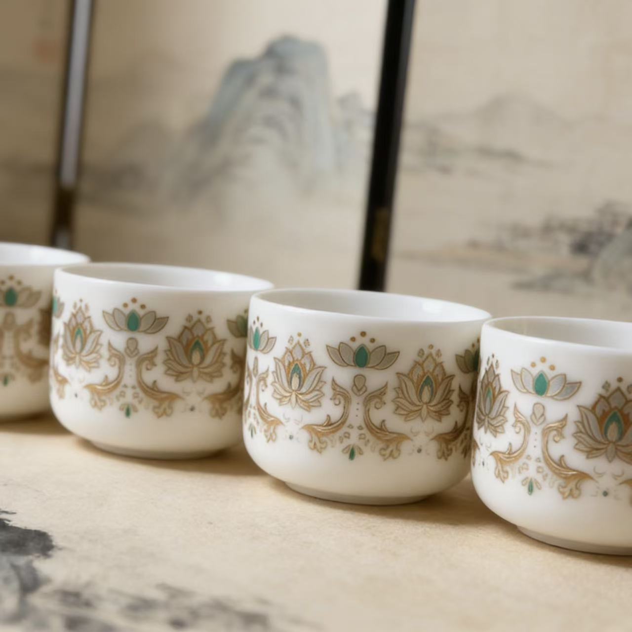 亮光白羊脂玉金圣花 4杯-0061