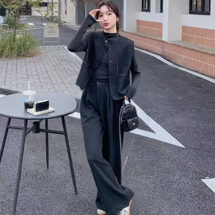 [婷婷家]新款休闲风马甲配长袖打底搭阔腿裤套装（三件套）