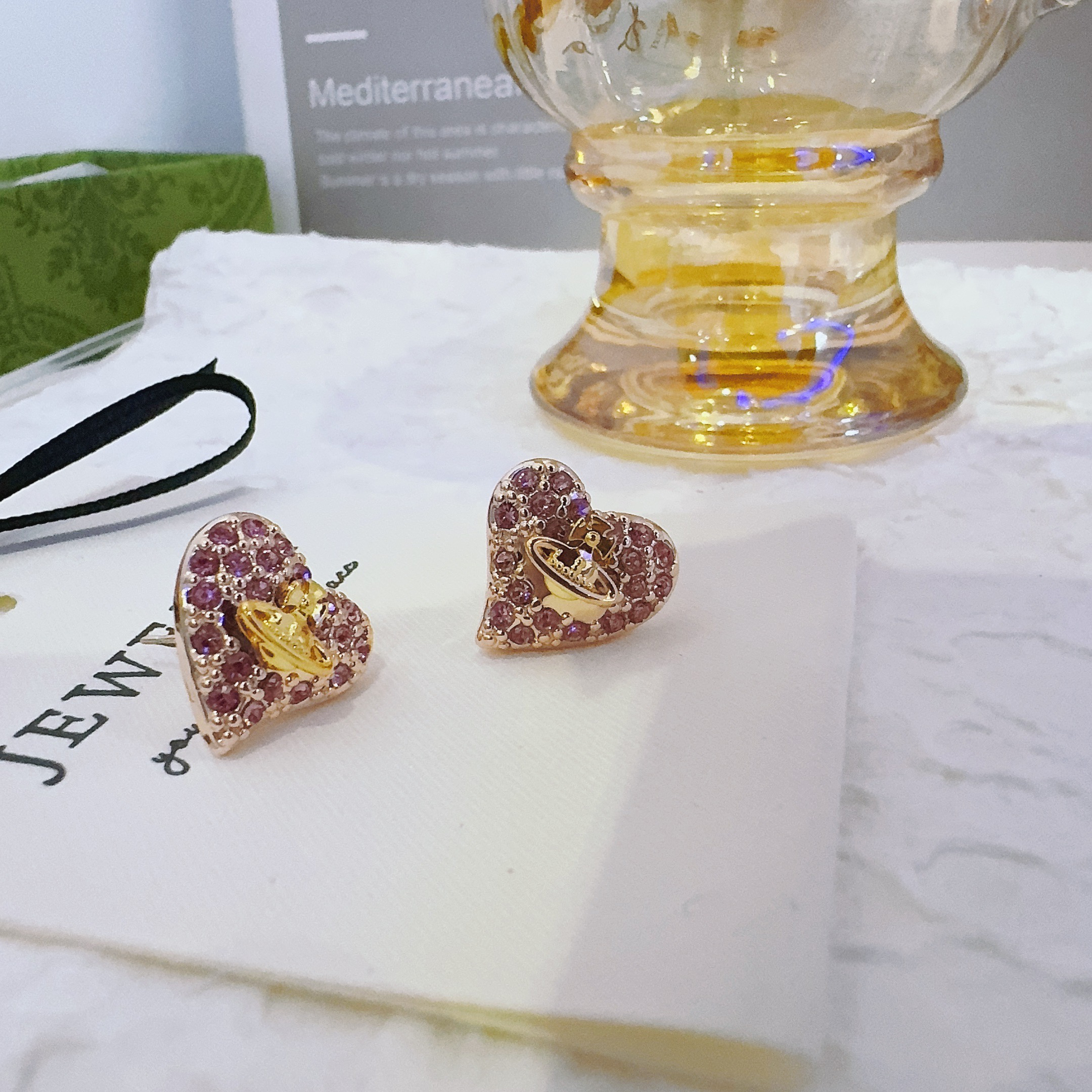 铜合金合成锆石耳饰 4244 粉色满钻微镶星球耳钉