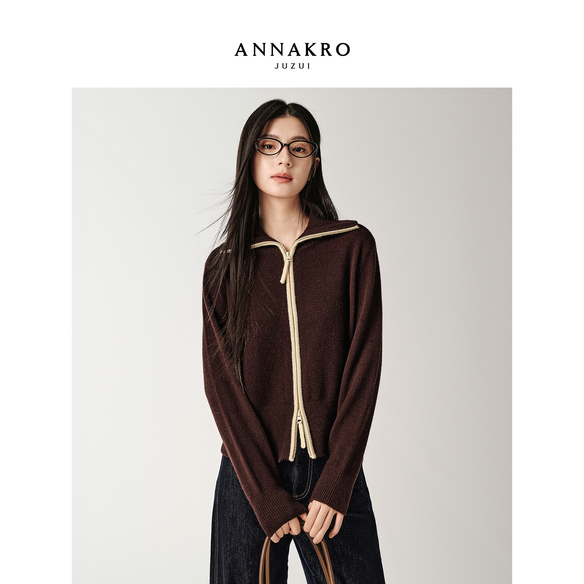 【孙怡同款】玖姿安娜蔻KWFD30606撞色翻领羊毛针织毛衫女2025新款