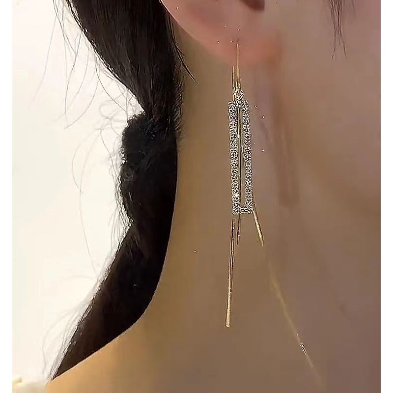 铜合金耳饰 高级感方形长款流苏耳线女气质时尚温柔风耳饰N1005