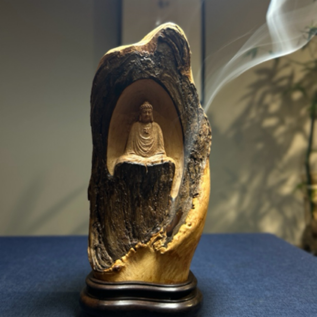 荔枝木石窟佛香炉摆件随形雕刻