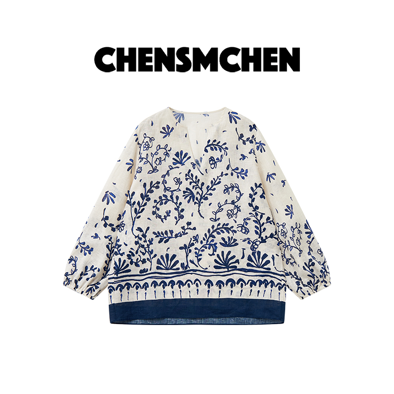 CHENSMCHEN 100亚麻森系V领长袖衬衫女早秋复古百搭衬衣CSC5528TT
