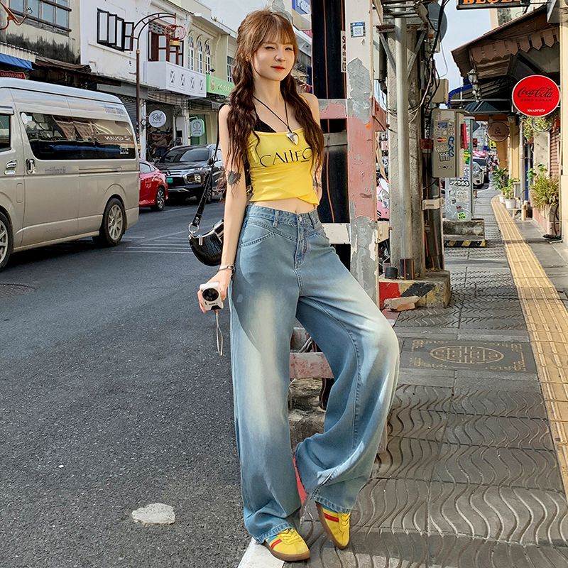 真衣坊2025夏季新款米白莱赛尔薄款凉感高腰宽松直筒阔腿牛仔裤女