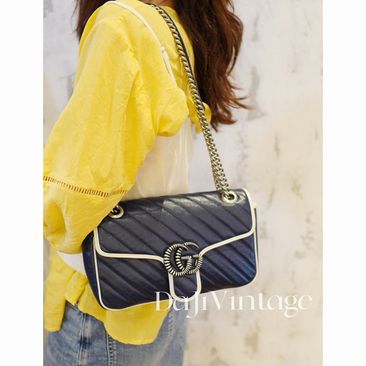 95新 GUCCI/古驰 大吉中古/Gucci蓝色拼白色26马蒙斜挎包