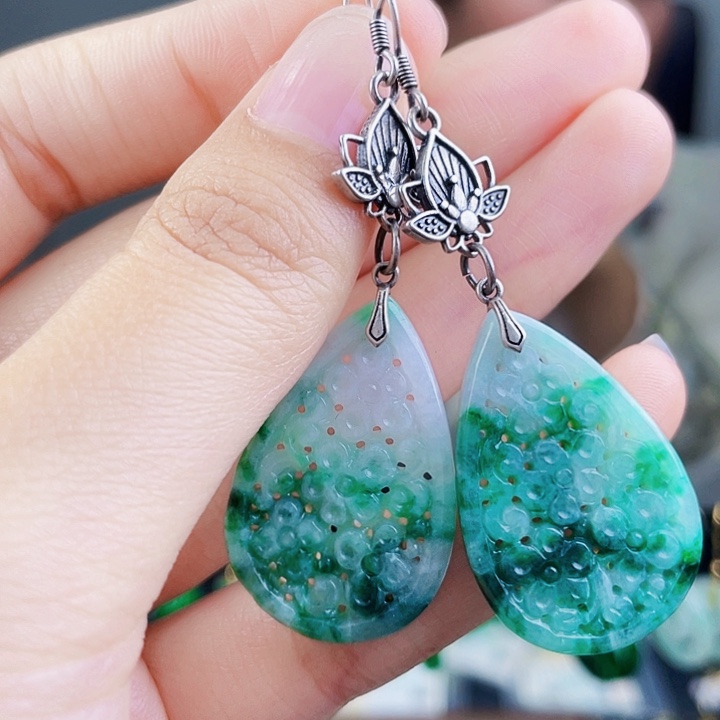 翡翠耳饰银S925镶嵌饰品