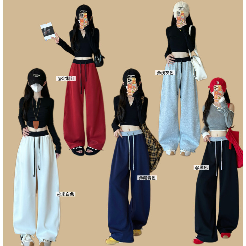 撞色弯刀阔腿裤女2025秋季新款高腰抽绳宽松显瘦遮肉百搭休闲长裤