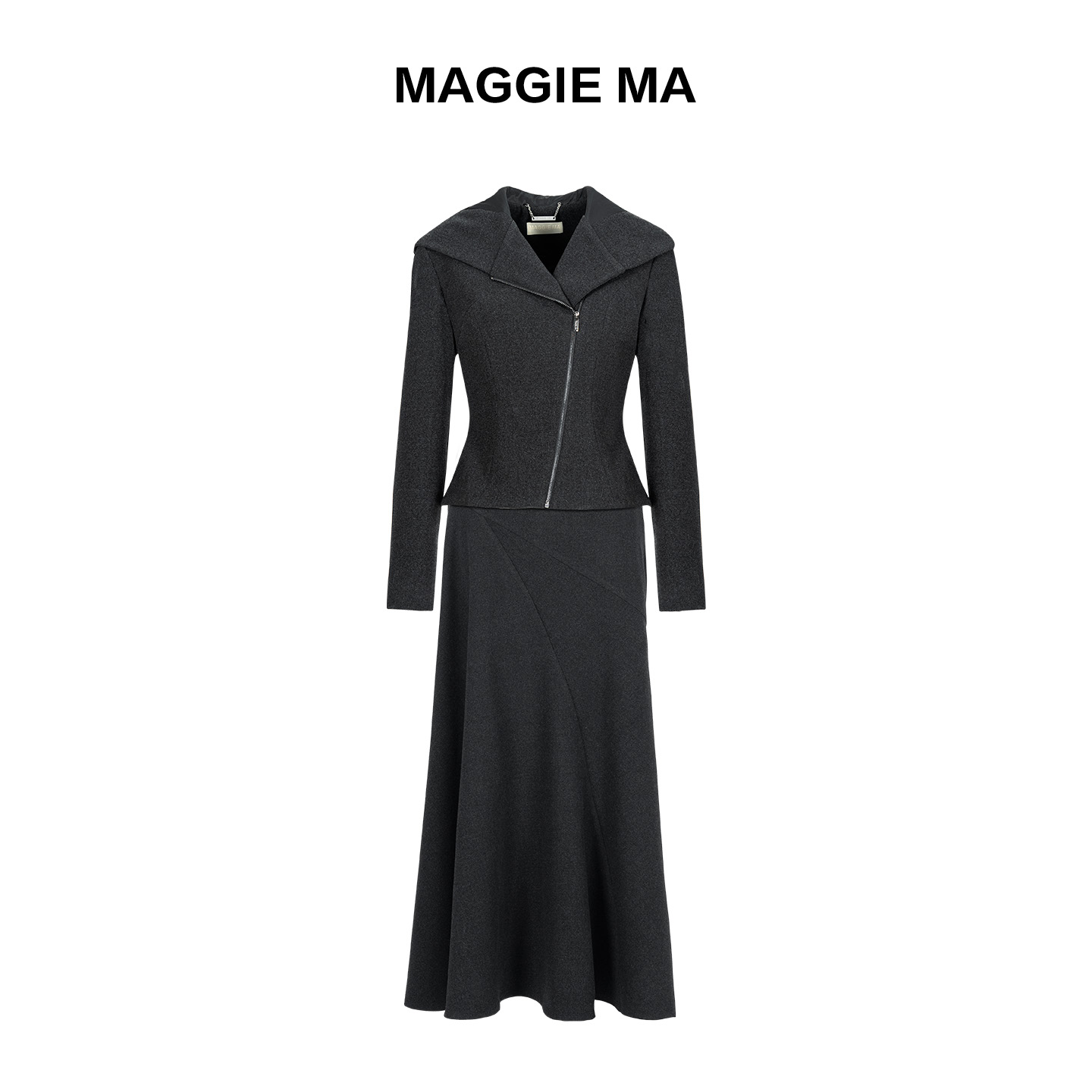 MAGGIE MA马婧设计师款连帽斜拉链外套A字半裙两件套839S/760B