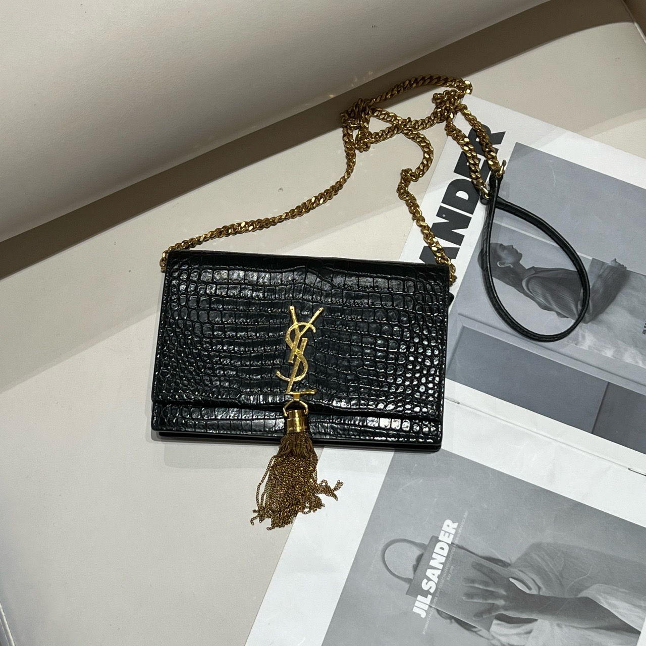 99新 YSL/圣罗兰 黑色金扣流苏链条包/0384