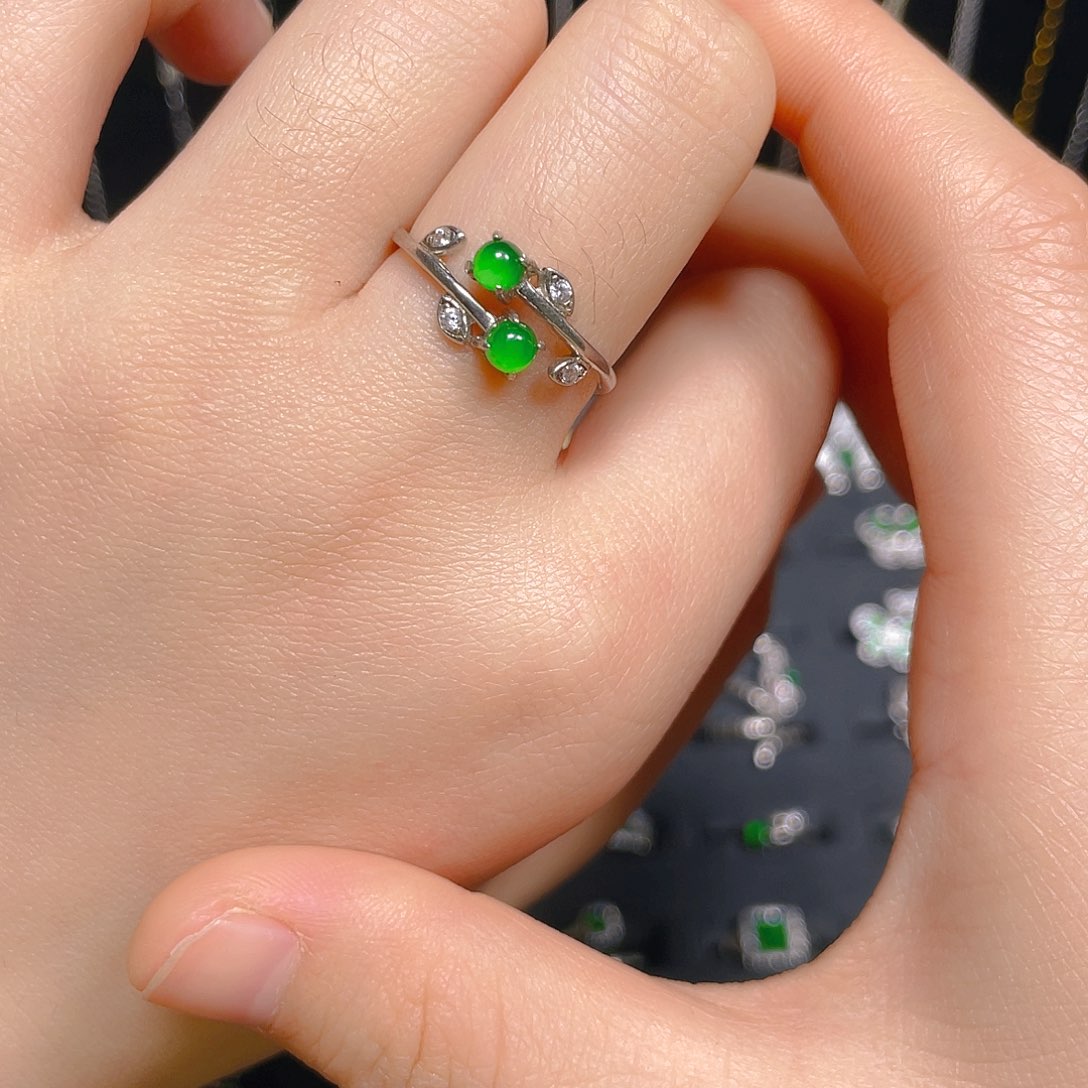 翡翠戒指银S925镀金镶嵌戒指