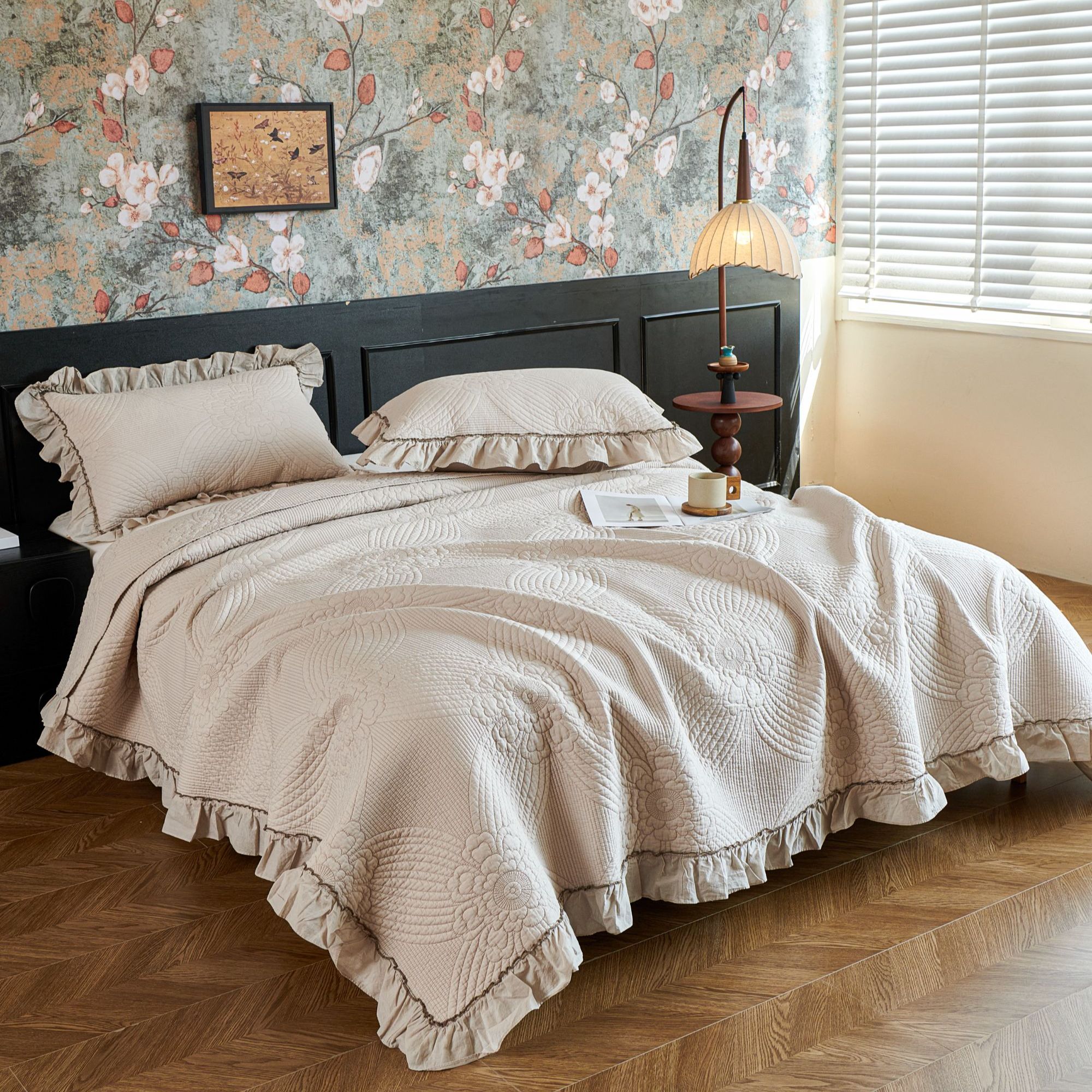 [花漫里]2025棉眠新款百棉80支轻奢荷叶边床盖三件套