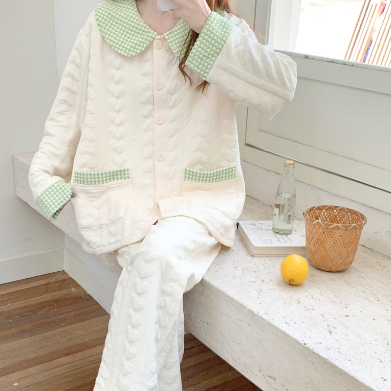 【空气夹层保暖】奶白爱心肌理睡衣女秋冬季撞色格娃娃领宽松家居服