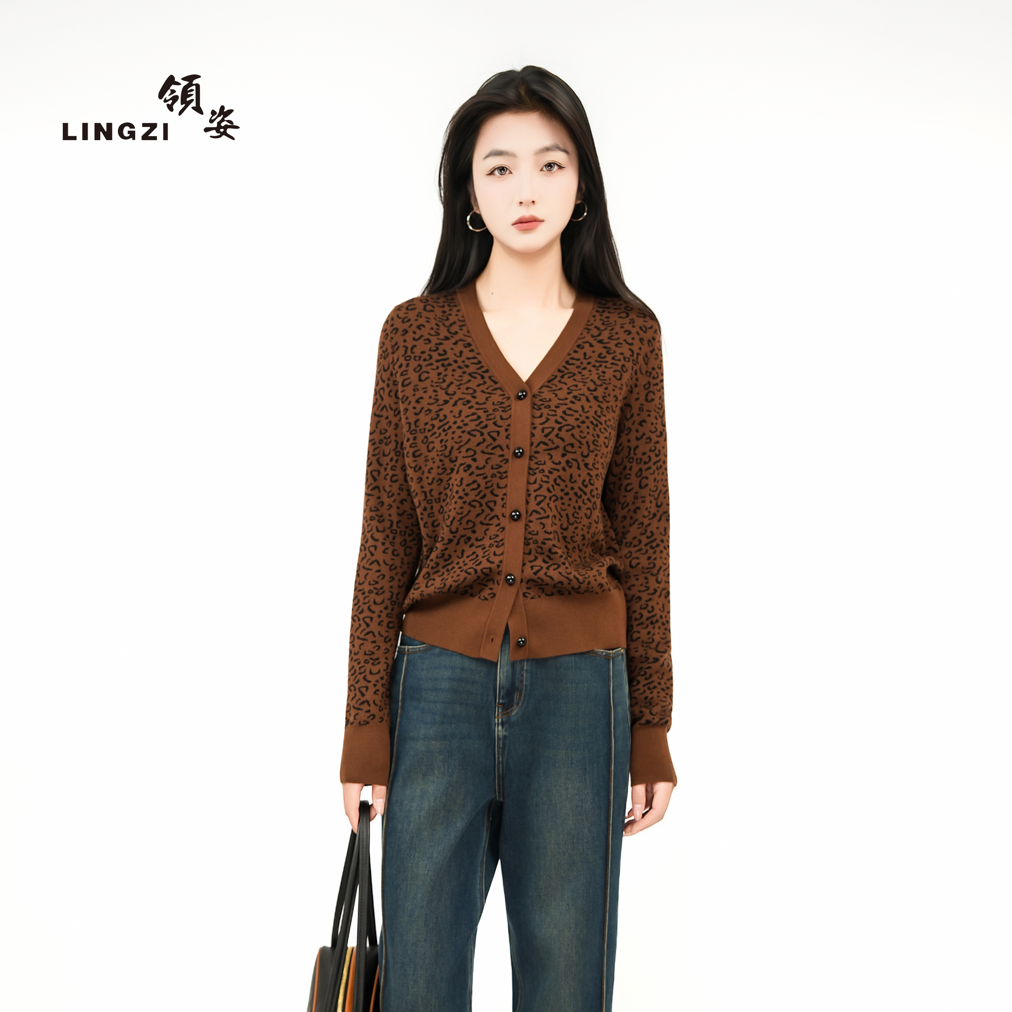 LINGZI/提花短款豹纹常规V领长袖毛衣上衣秋季复古开衫女士